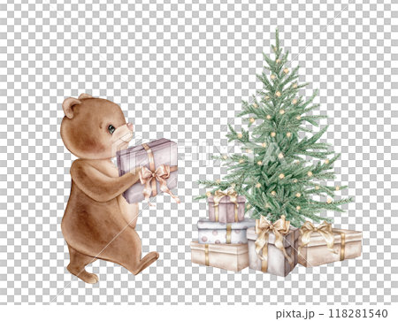 Watercolor green classic Christmas tree and bear with gift isolated on white background. Hand drawn illustration sketch fir tree. Needles for New year design holidays in pastel colors Watercolor green classic Christmas tree and bear with gift isolated on white background. Hand drawn illustration sketch fir tree. Needles for New year design holidays in pastel colors 118281540