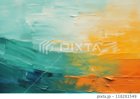 Bright textured oil painting on canvas, deep green, orange and yellow acrylic paint strokes, spots and brushstrokes create with depth and movement Bright textured oil painting on canvas, deep green, orange and yellow acrylic paint strokes, spots and brushstrokes create with depth and movement 118281549