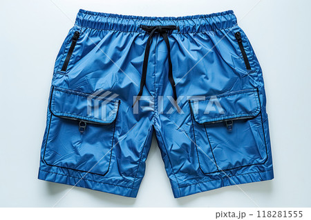 Blue men's swimming trunks on string with pockets isolated on white background, product photo 118281555