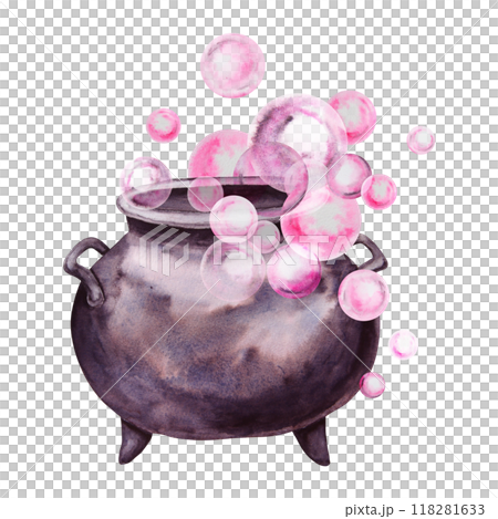 Black cast iron cauldron for brewing potions. Esoteric attribute of a witch, sorcerer, gypsy, fortune teller, psychic. Clipart for Halloween, Sabbath, theme party. Watercolor hand-drawn illustration Black cast iron cauldron for brewing potions. Esoteric attribute of a witch, sorcerer, gypsy, fortune teller, psychic. Clipart for Halloween, Sabbath, theme party. Watercolor hand-drawn illustration 118281633