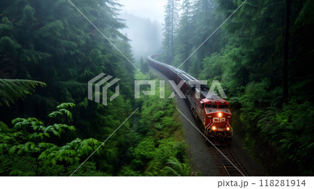 Freight Train Winding Through a Misty Forest Landscape 118281914