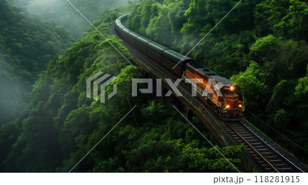 Freight Train Winding Through a Misty Forest Landscape 118281915