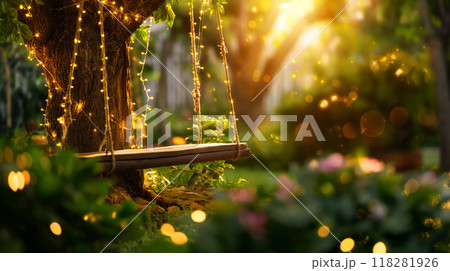 Magical Evening Swing in a Lit Garden 118281926