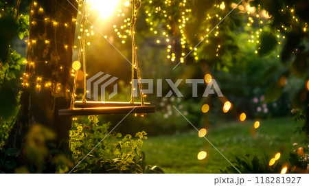 Magical Evening Swing in a Lit Garden 118281927