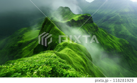 Breathtaking View of Rugged Green Mountains Partially Shrouded in Mist 118281929