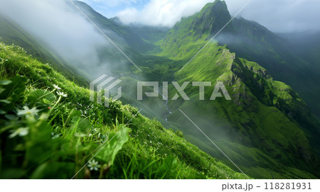 Breathtaking View of Rugged Green Mountains Partially Shrouded in Mist 118281931