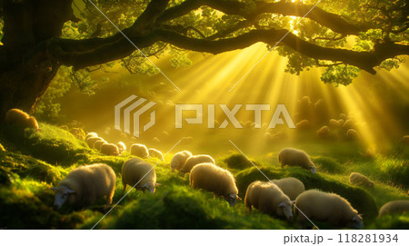 Lush Green Hillside Bathed in Golden Sunlight with Sheep 118281934