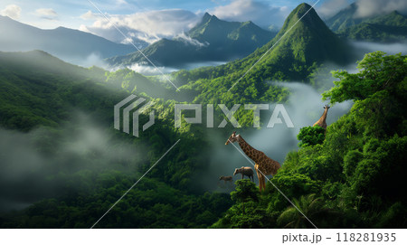 Serene Mountain Landscape with Lush Green Hills and Diverse Wildlife 118281935