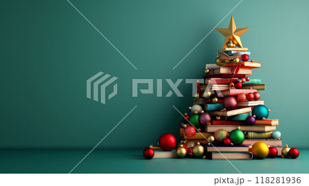 Christmas Tree Made of Stacked Books and Ornaments 118281936
