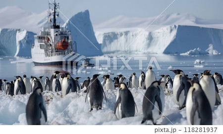 Icebreaker Ship Navigating Icy Waters with Penguins in Antarctica 118281937