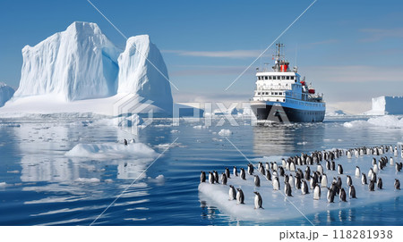 Icebreaker Ship Navigating Icy Waters with Penguins in Antarctica 118281938