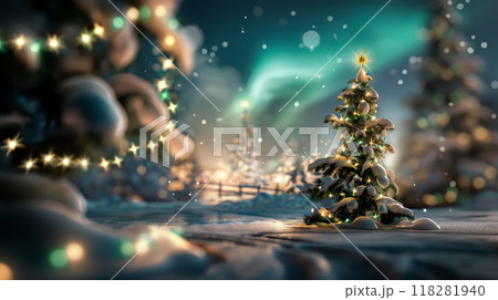 Northern Lights Illuminating a Snow-Covered Christmas Tree at Night 118281940