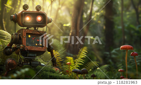 Whimsical Scene of a Large Colorful Robot Standing in a Lush Forest with Mushrooms Whimsical Scene of a Large Colorful Robot Standing in a Lush Forest with Mushrooms 118281963