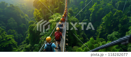 Tourists Walking on a Canopy Walkway in Dense Jungle 118282077