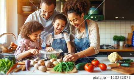 Family Cooking Together, Enjoying Fresh Vegetables in Cozy Kitchen 118282078