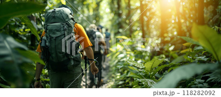 Tourists Hiking Along Trails in Dense Tropical Jungle 118282092