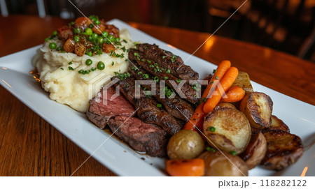 Savory Beef Steak with Mashed Potatoes and Garden Vegetables Delight 118282122