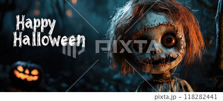 Scary illustration for Happy Halloween theme, broken spooky doll and greeting in forest. Concept of horror, card, party, design, invitation Scary illustration for Happy Halloween theme, broken spooky doll and greeting in forest. Concept of horror, card, party, design, invitation 118282441