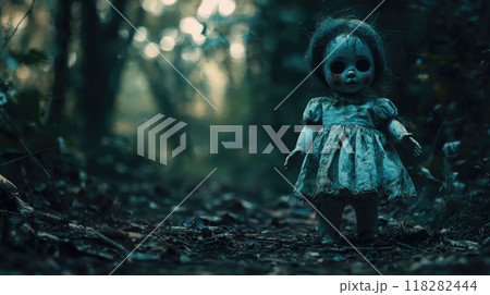 Scary doll like horror movie on Halloween night on background of dark spooky forest. Concept of party, invitation, woods, design 118282444