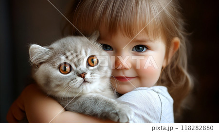 子供が抱きしめる猫の親しい瞬間 子供が抱きしめる猫の親しい瞬間 118282880
