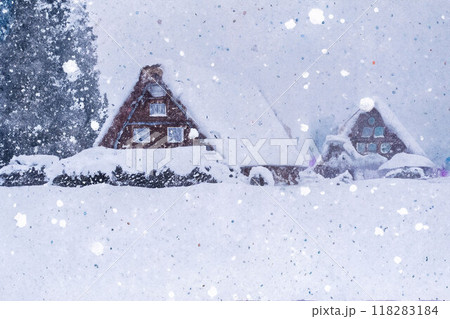 【世界遺産】豪雪の白川郷・三連合掌・水彩画調【岐阜県】 118283184