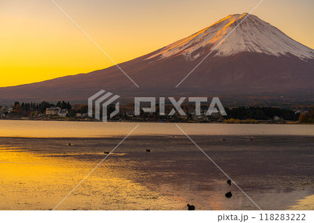 【富士山素材】冬の朝の河口湖から見た富士山【山梨県】 118283222