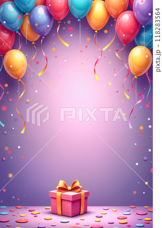 Colorful balloons and confetti around a pink gift box. Colorful balloons and confetti around a pink gift box. 118283564