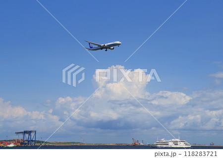 夏空を背景に飛ぶ旅客機　夏の空の旅 118283721