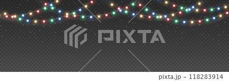 Christmas lights. Color garland with luminous bulbs. Christmas glowing decoration. Fairy string with bright lights. Color New Year lamps for poster or website. Vector illustration 118283914