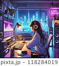 東京深夜に音楽編集の少女 118284019