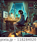 東京深夜に散らかった部屋で作業する少女 118284020