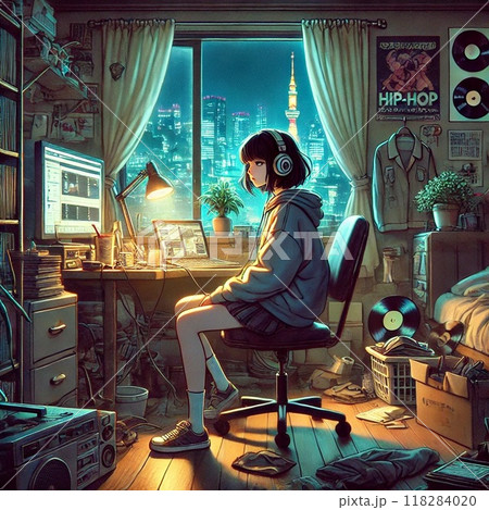 東京深夜に散らかった部屋で作業する少女 東京深夜に散らかった部屋で作業する少女 118284020