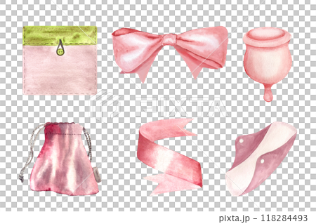A menstrual cup, a period pad, a fabric pouches, ribbons peach watercolor set isolated on white. Great for eco-friendly menstrual care design, packaging, websites. Sustainable lifestyle of modern 118284493