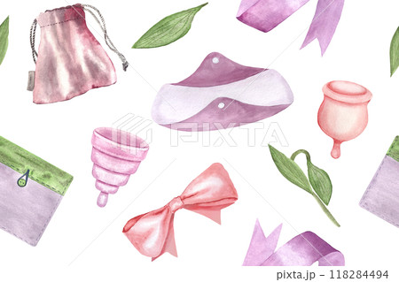 A period pad, menstrual cups, cover, ribbon watercolor seamless pattern. Menstrual protection items isolated on white. Ideal for packaging, website background. Sustainable lifestyle choices of women 118284494