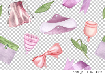 A period pad, menstrual cups, cover, ribbon watercolor seamless pattern. Menstrual protection items isolated on white. Ideal for packaging, website background. Sustainable lifestyle choices of women 118284494