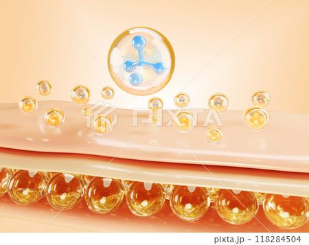 3d skin cell structure with water molecule and gold oil drops render background. Epidermis layer with fatty tissue and beauty care collagen serum, liquid clear hyaluronic acid bubbles. 3D illustration 118284504