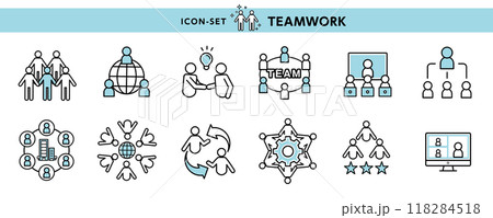 仕事や学校で…チームワーク、ネットワークなどのアイコン・ピクトのデザイン素材セット 仕事や学校で…チームワーク、ネットワークなどのアイコン・ピクトのデザイン素材セット 118284518
