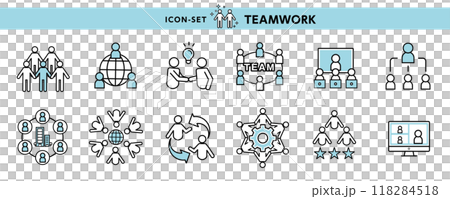 仕事や学校で…チームワーク、ネットワークなどのアイコン・ピクトのデザイン素材セット 仕事や学校で…チームワーク、ネットワークなどのアイコン・ピクトのデザイン素材セット 118284518
