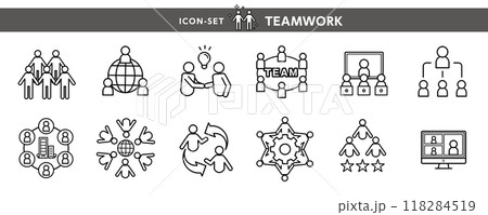 仕事や学校で…チームワーク、ネットワークなどのアイコン・ピクトのデザイン素材セット 仕事や学校で…チームワーク、ネットワークなどのアイコン・ピクトのデザイン素材セット 118284519