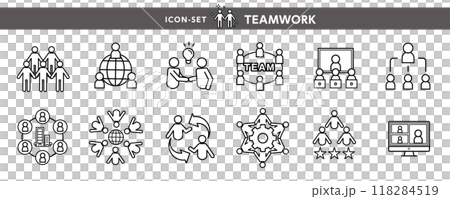 仕事や学校で…チームワーク、ネットワークなどのアイコン・ピクトのデザイン素材セット 仕事や学校で…チームワーク、ネットワークなどのアイコン・ピクトのデザイン素材セット 118284519