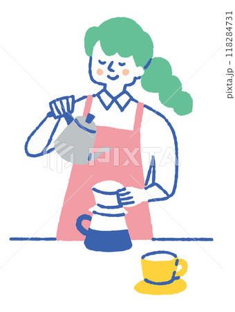 仕事でコーヒーを淹れている女性_色 118284731