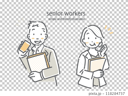 Senior couple working energetically in the office Simple and stylish line drawing illustration 118284737