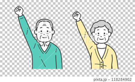 Upper body illustration of elderly men and women doing fist pumps 118284902