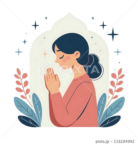 A serene flat-style illustration of a woman in prayer, hands together, with a simple white background. Ideal for religious content, meditation, spirituality, and peaceful designs.  118284992