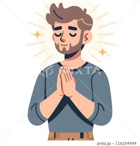 A serene flat-style illustration of a man in prayer, hands together, with a simple white background. Ideal for religious content, meditation, spirituality, and peaceful designs. A serene flat-style illustration of a man in prayer, hands together, with a simple white background. Ideal for religious content, meditation, spirituality, and peaceful designs. 118284994
