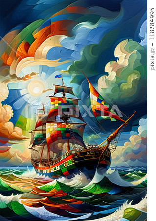 カラフルな帆船 パッチワークスタイル カラフルな帆船 パッチワークスタイル 118284995