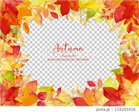 A frame of autumn leaves decorated with fallen leaves hand-drawn in watercolor A frame of autumn leaves decorated with fallen leaves hand-drawn in watercolor 118285016