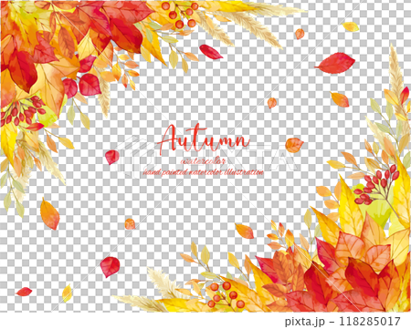 Textile background material with a motif of autumn leaves, decorated with fallen leaves drawn by hand in watercolors, which is reminiscent of autumn 118285017