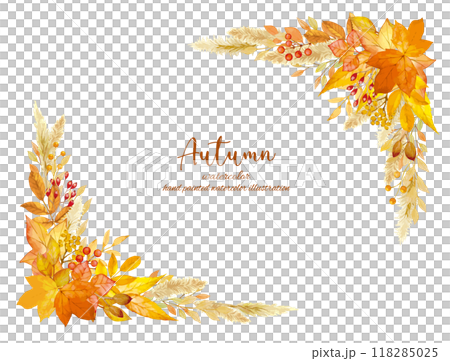 Background material with a motif of autumn leaves decorated with fallen leaves drawn by hand in watercolor. Frame material of leaves with an image of autumn Background material with a motif of autumn leaves decorated with fallen leaves drawn by hand in watercolor. Frame material of leaves with an image of autumn 118285025