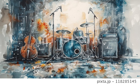 【ヴィンテージなライブステージ】迫力のドラムとチェロが奏でる音楽の瞬間 – 水彩画風のアート作品 118285145